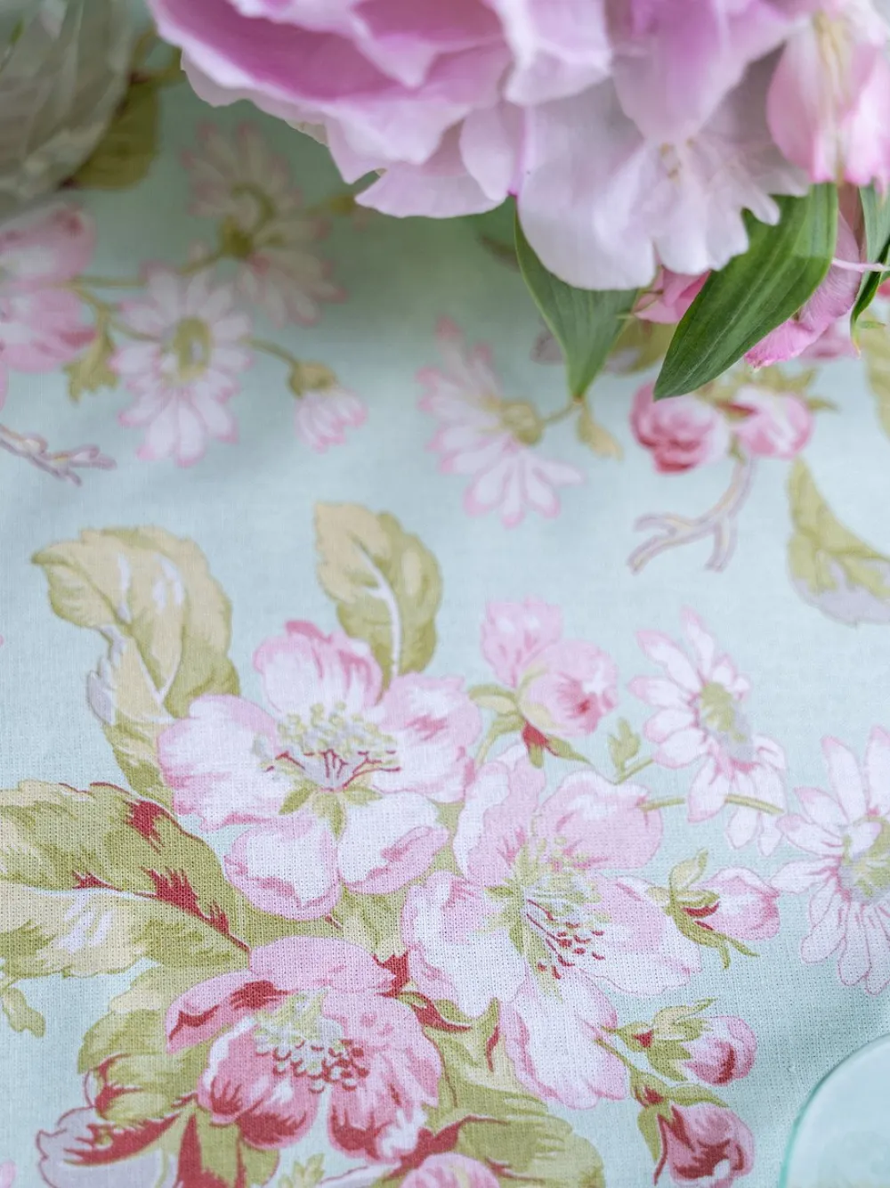 April Cornell Apple Blossom Aqua 88" Round Tablecloth- Tablecloths