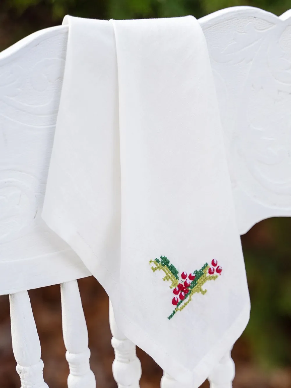 April Cornell Candy Cane Ecru Cross Stitch Embroidered Tea Napkins- Tea Towels