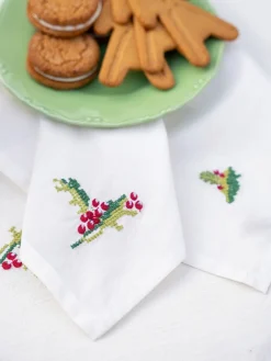 April Cornell Candy Cane Ecru Cross Stitch Embroidered Tea Napkins- Tea Towels