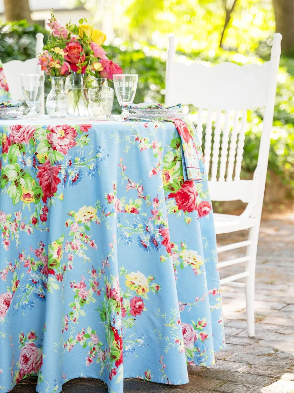 April Cornell Cottage Rose Sky Blue 88" Round Tablecloth- Tablecloths