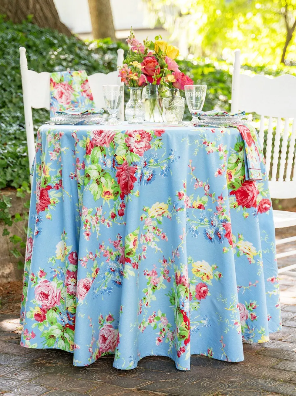 April Cornell Cottage Rose Sky Blue 88" Round Tablecloth- Tablecloths