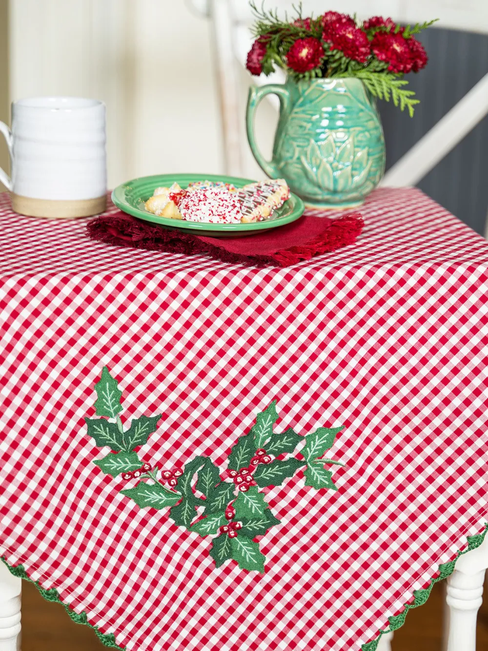 April Cornell Holly Gingham Embroidered Square Tablecloth, 36" x 36"- Tablecloths