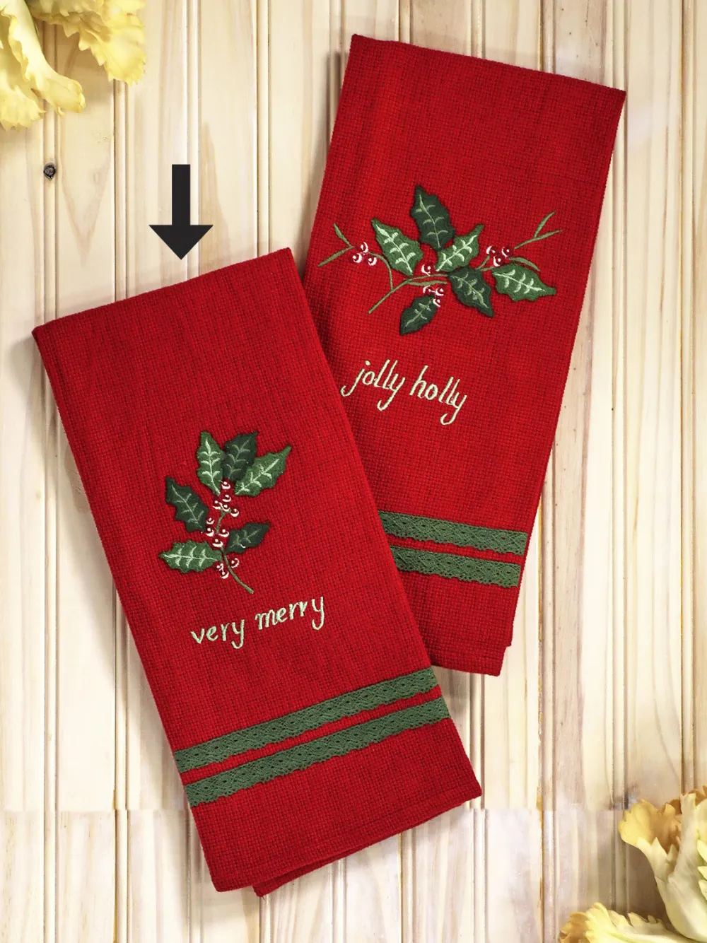 April Cornell Holly Gingham Very Merry Embroidered Tea Towel- Tea Towels