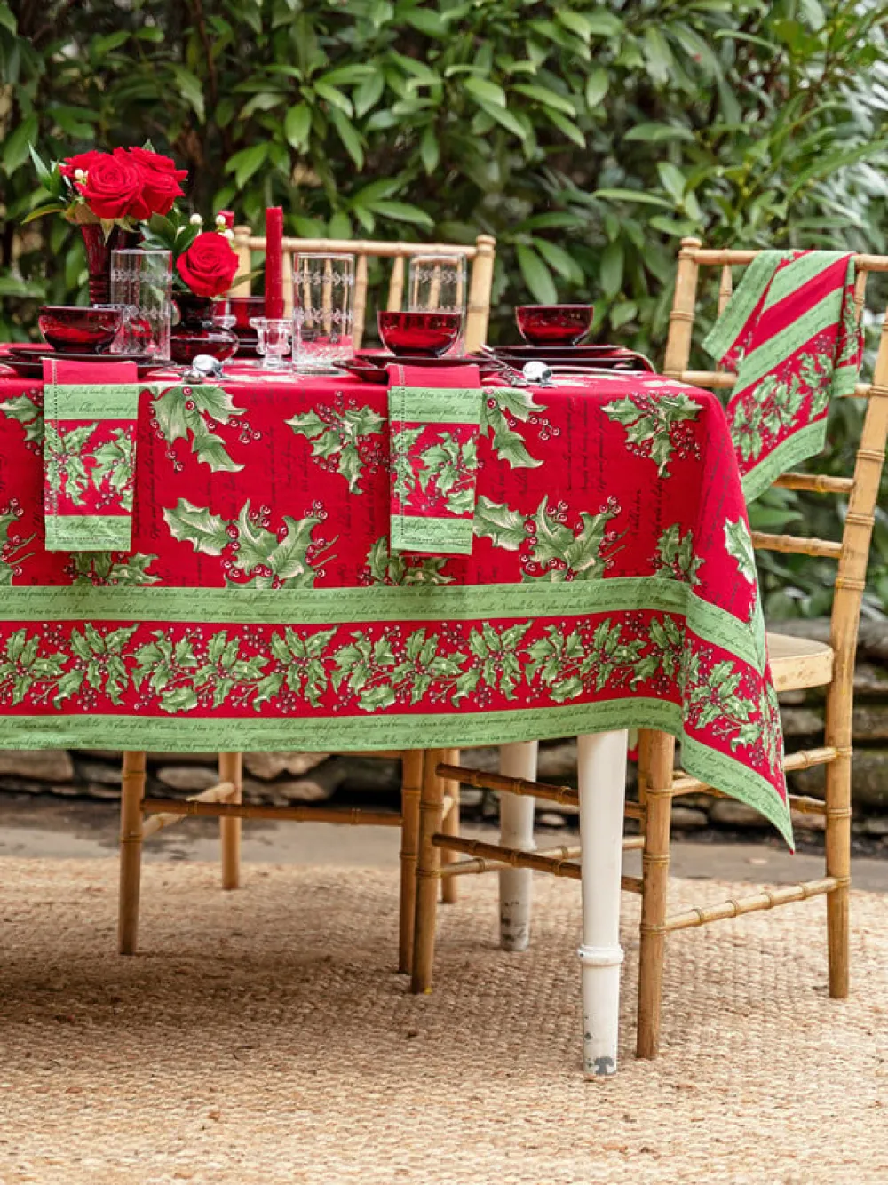 April Cornell Holly Song Red Tablecloth, 60" x 90"- Tablecloths