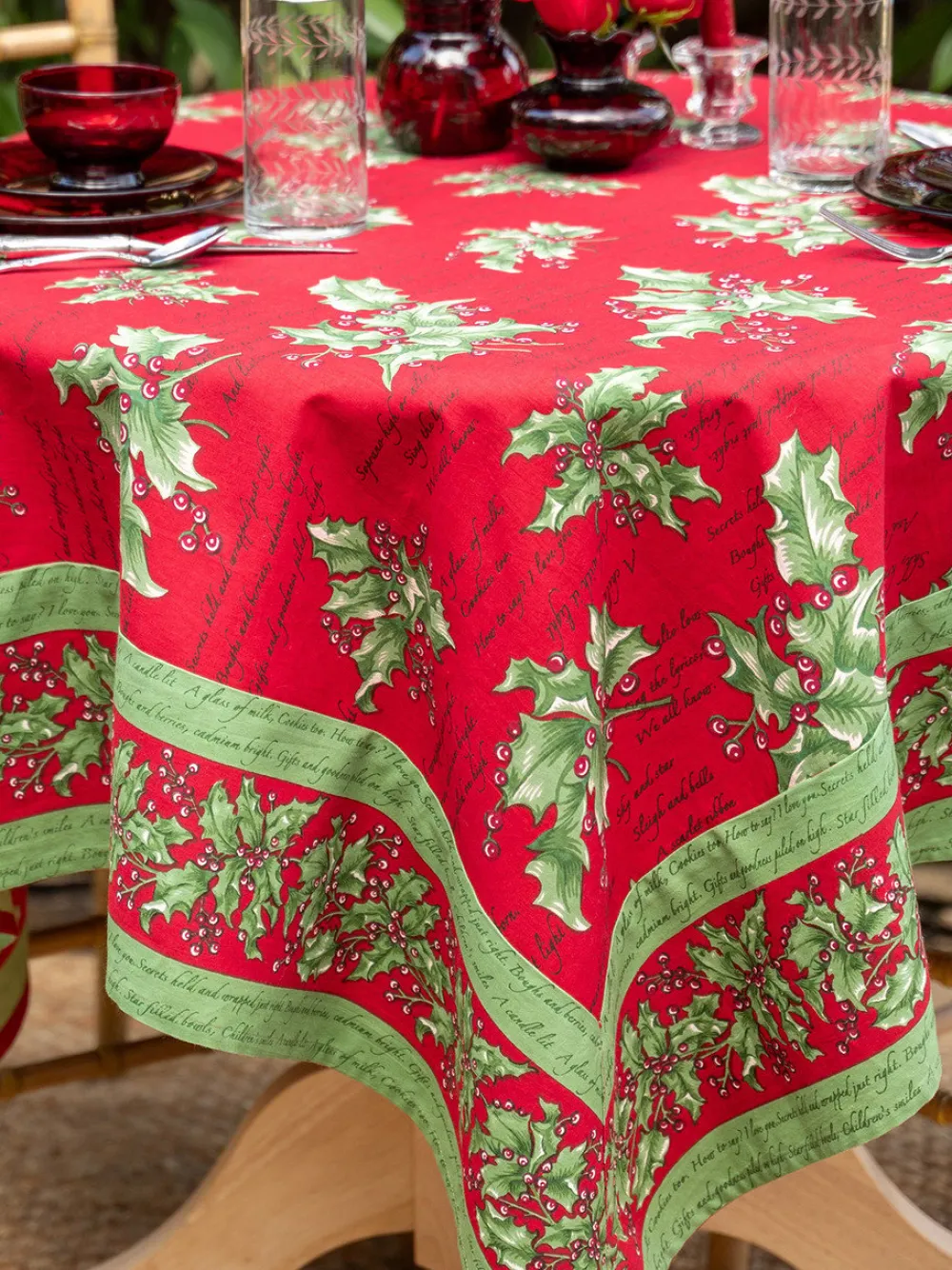 April Cornell Holly Song Red Tablecloth, 60" x 90"- Tablecloths