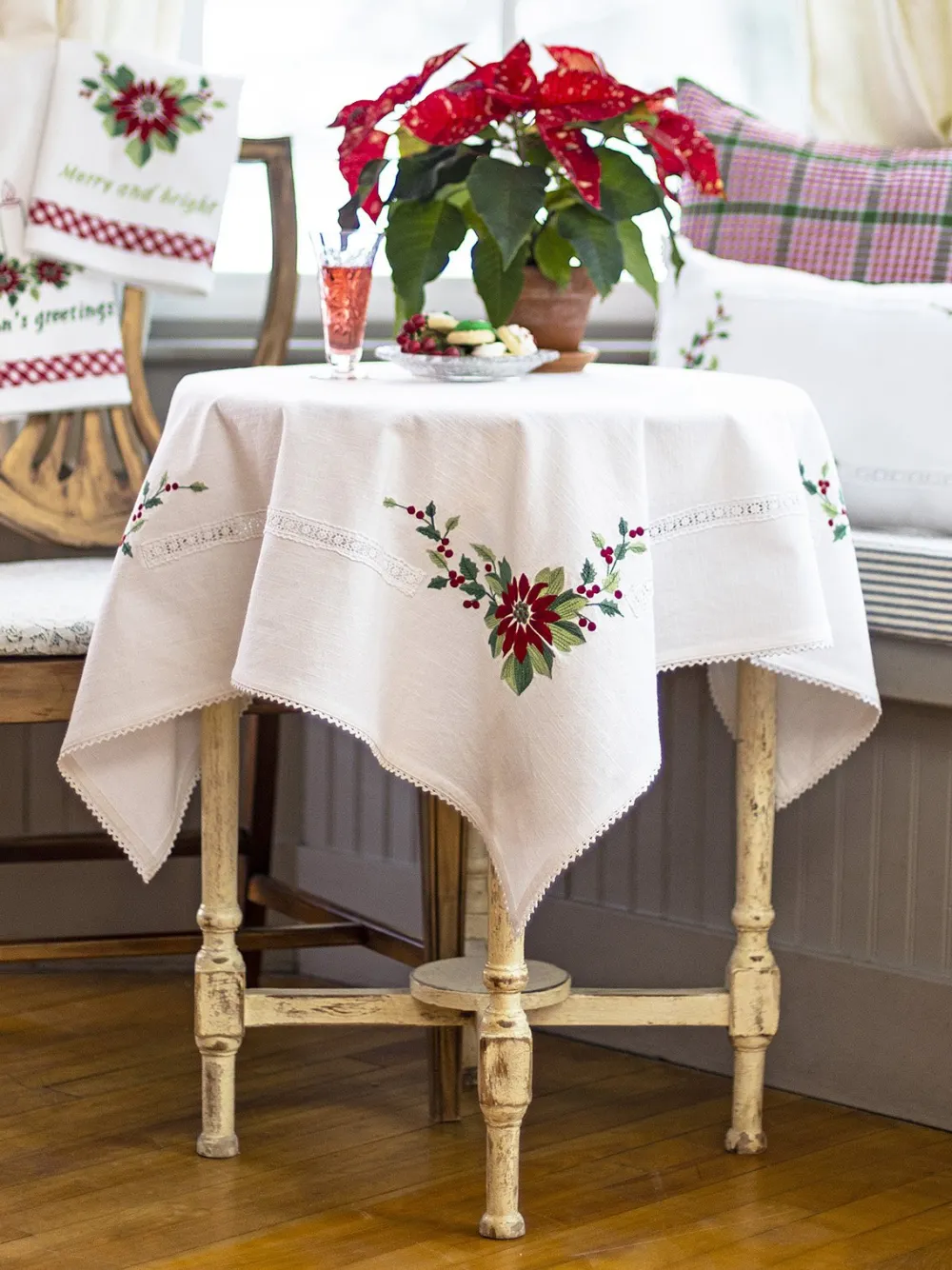 April Cornell Poinsettia Embroidered Tablecloth, 36" x 36"- Tablecloths