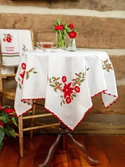 April Cornell Poinsettia with Red Trim Embroidered Tablecloth, 36" x 36"- Tablecloths