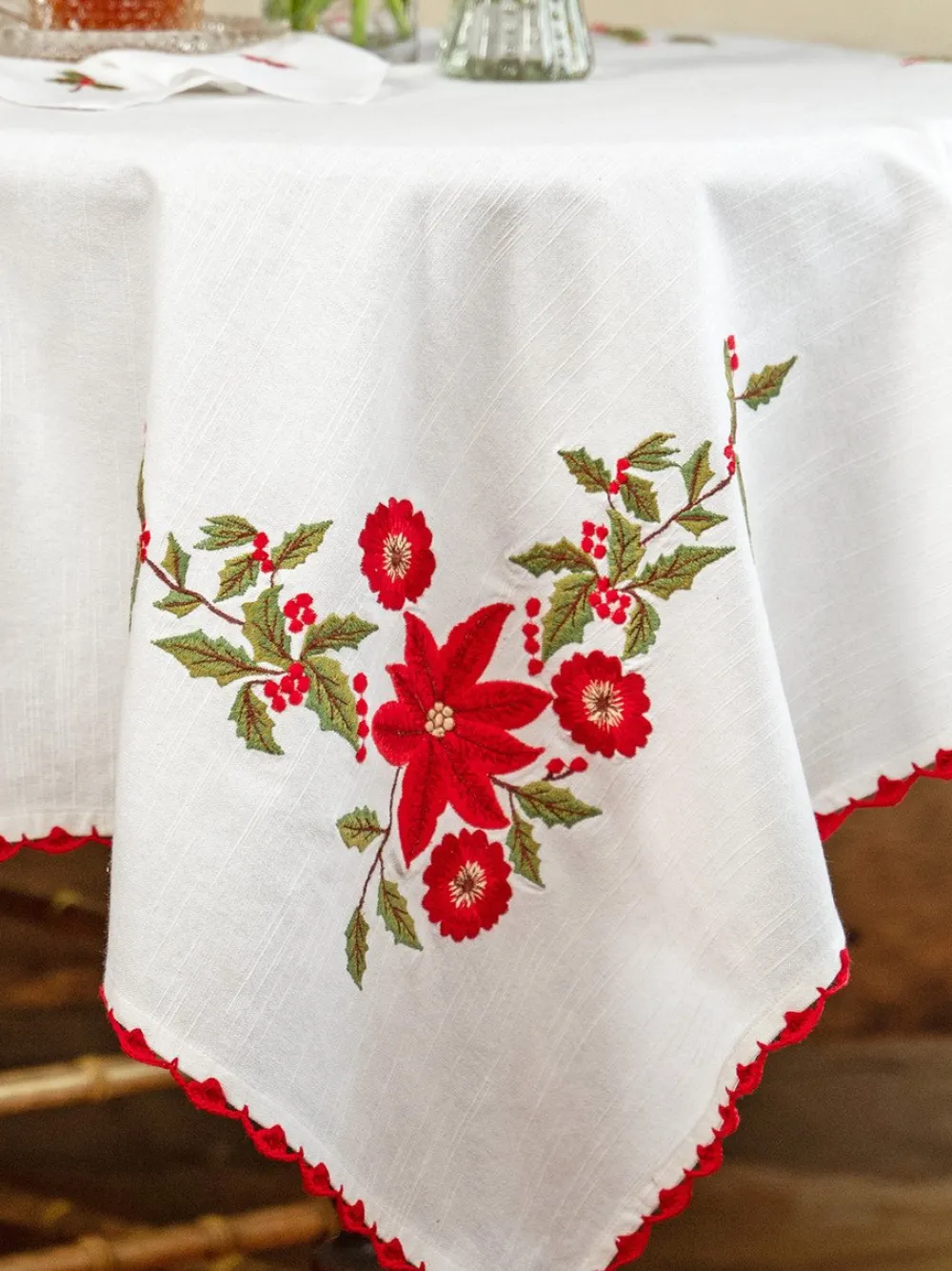 April Cornell Poinsettia with Red Trim Embroidered Tablecloth, 36" x 36"- Tablecloths