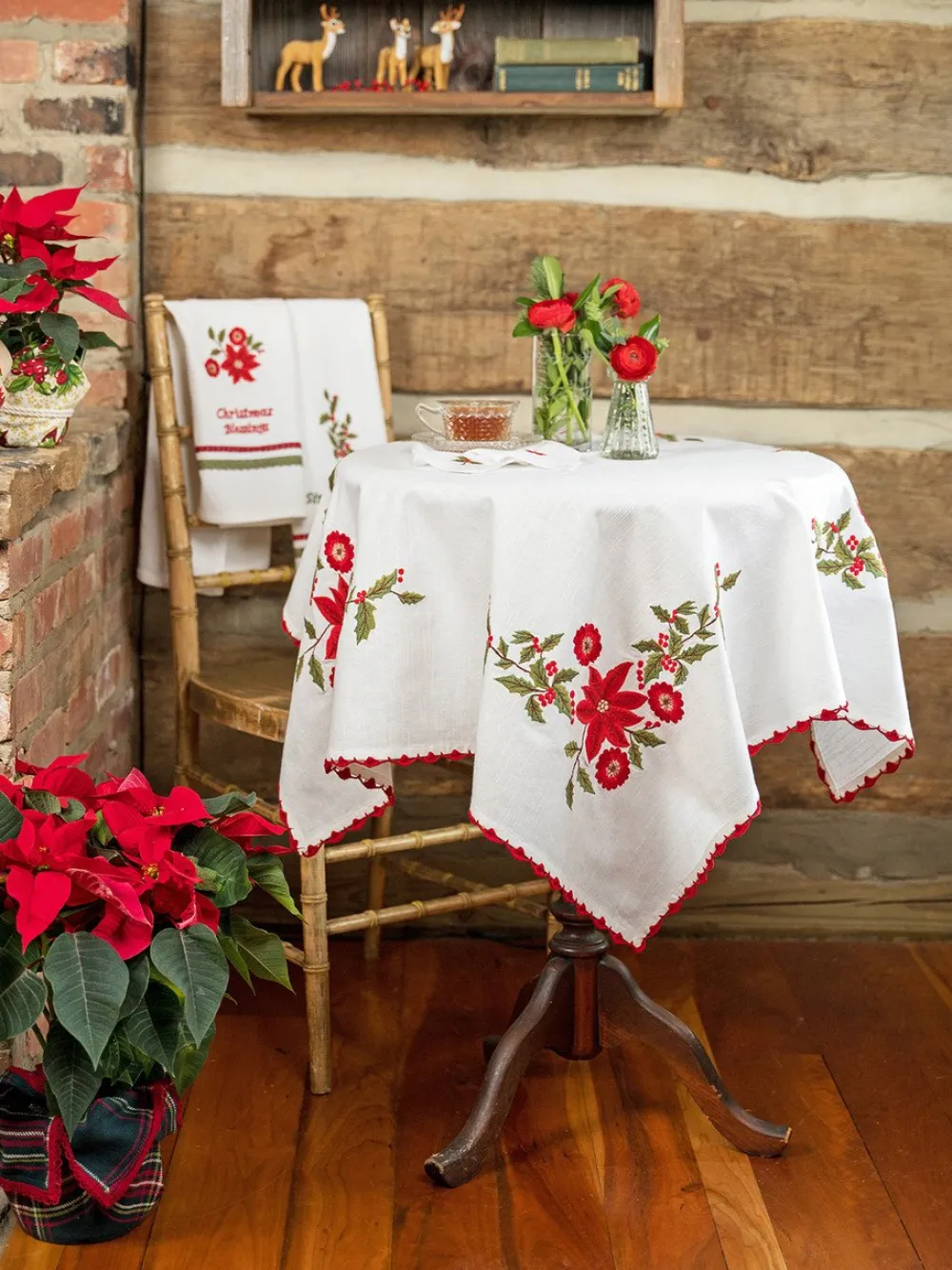 April Cornell Poinsettia with Red Trim Embroidered Tablecloth, 36" x 36"- Tablecloths