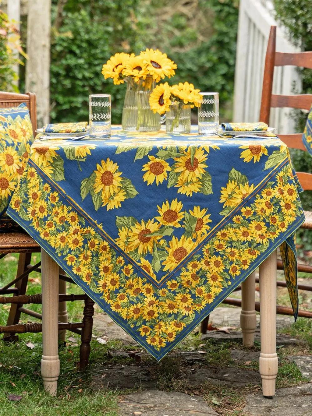 April Cornell Sunflower Valley Navy Tablecloth, 60" x 90"- Tablecloths