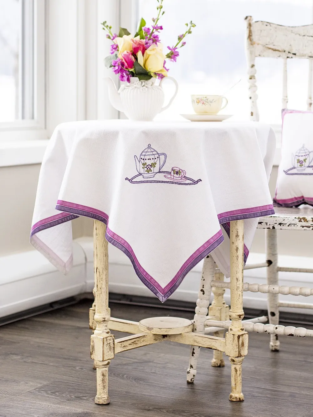 April Cornell Tea Time Embroidered Tablecloth - Lavender - 36" x 36"- Tablecloths