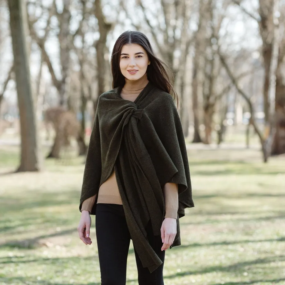 Army Green Lambswool Draped Shawl- Scarves & Wraps