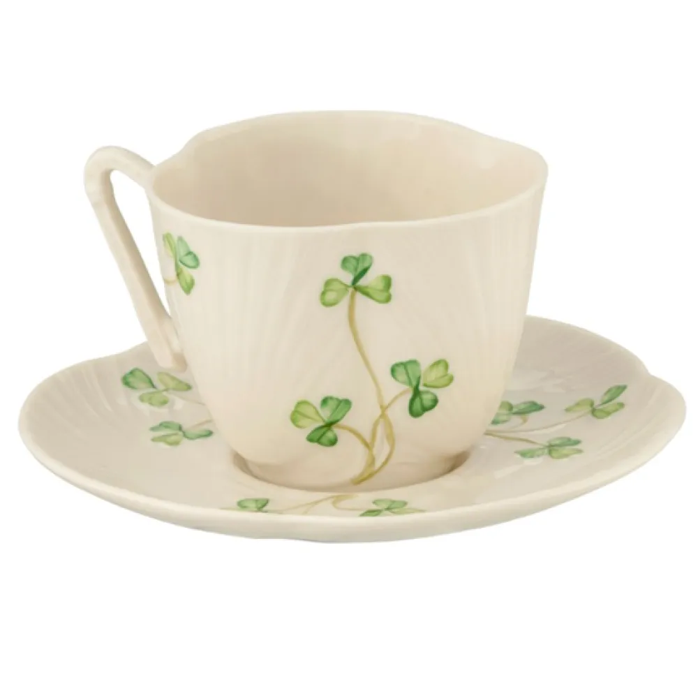 Belleek Shamrock Harp Teacup & Saucer- Belleek|Teacups & Saucers