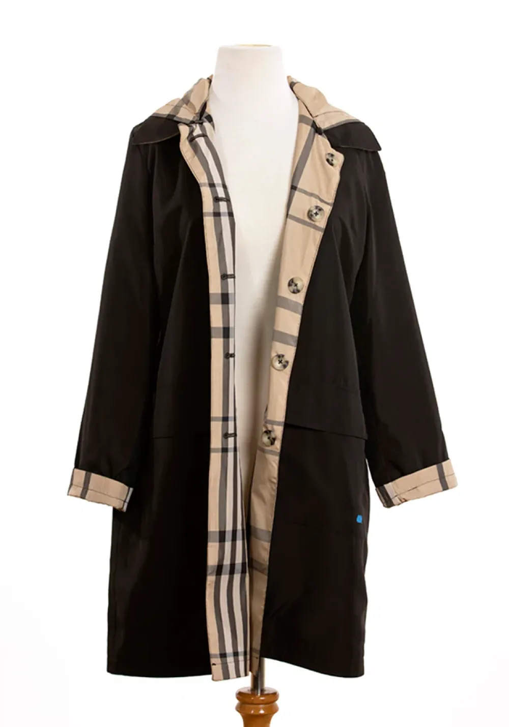 Black & Plaid Rain Trench Coat with Detachable Hood- Rainwear & Umbrellas