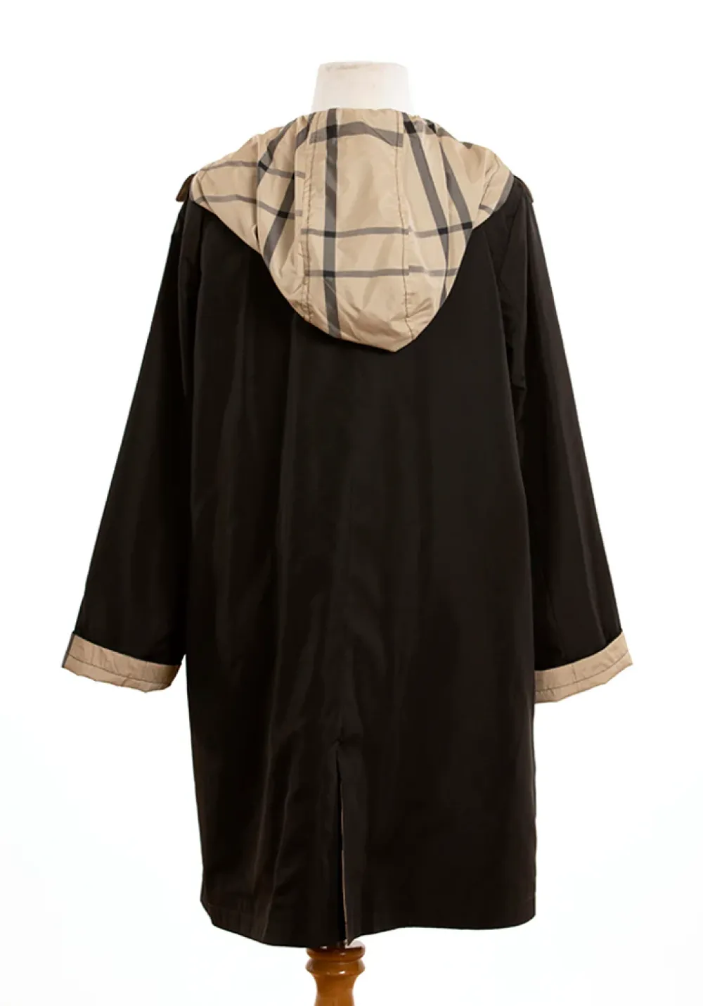 Black & Plaid Rain Trench Coat with Detachable Hood- Rainwear & Umbrellas