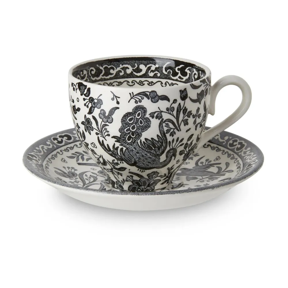 Burleigh Pottery Black Regal Peacock Teacup & Saucer- Burleigh Pottery|Teacups & Saucers
