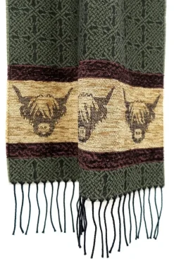 Calzeat of Scotland Celtic Alba Highland Cow Loden Jacquard Scarf- Scarves & Wraps