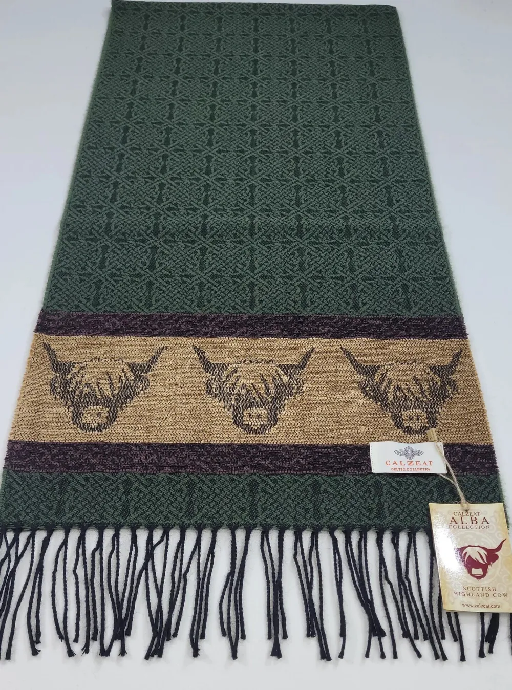 Calzeat of Scotland Celtic Alba Highland Cow Loden Jacquard Scarf- Scarves & Wraps