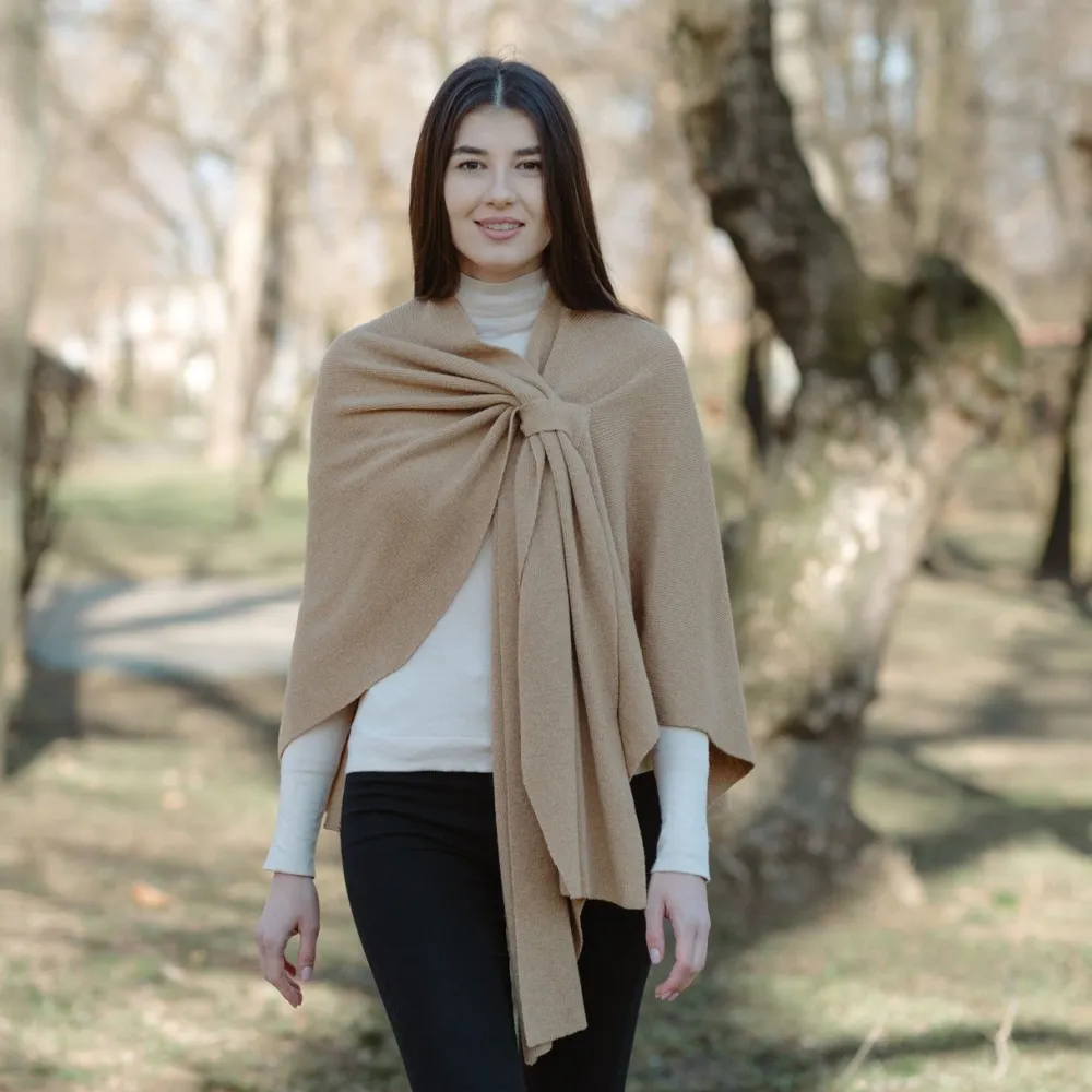 Camel Lambswool Draped Shawl- Scarves & Wraps