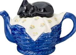 Carters of Suffolk Black Cat on Blue Basket Teapot- Teapots