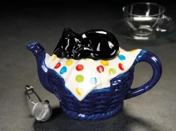 Carters of Suffolk Black Cat on Blue Basket Teapot- Teapots