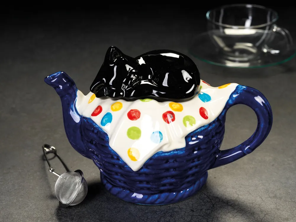 Carters of Suffolk Black Cat on Blue Basket Teapot- Teapots
