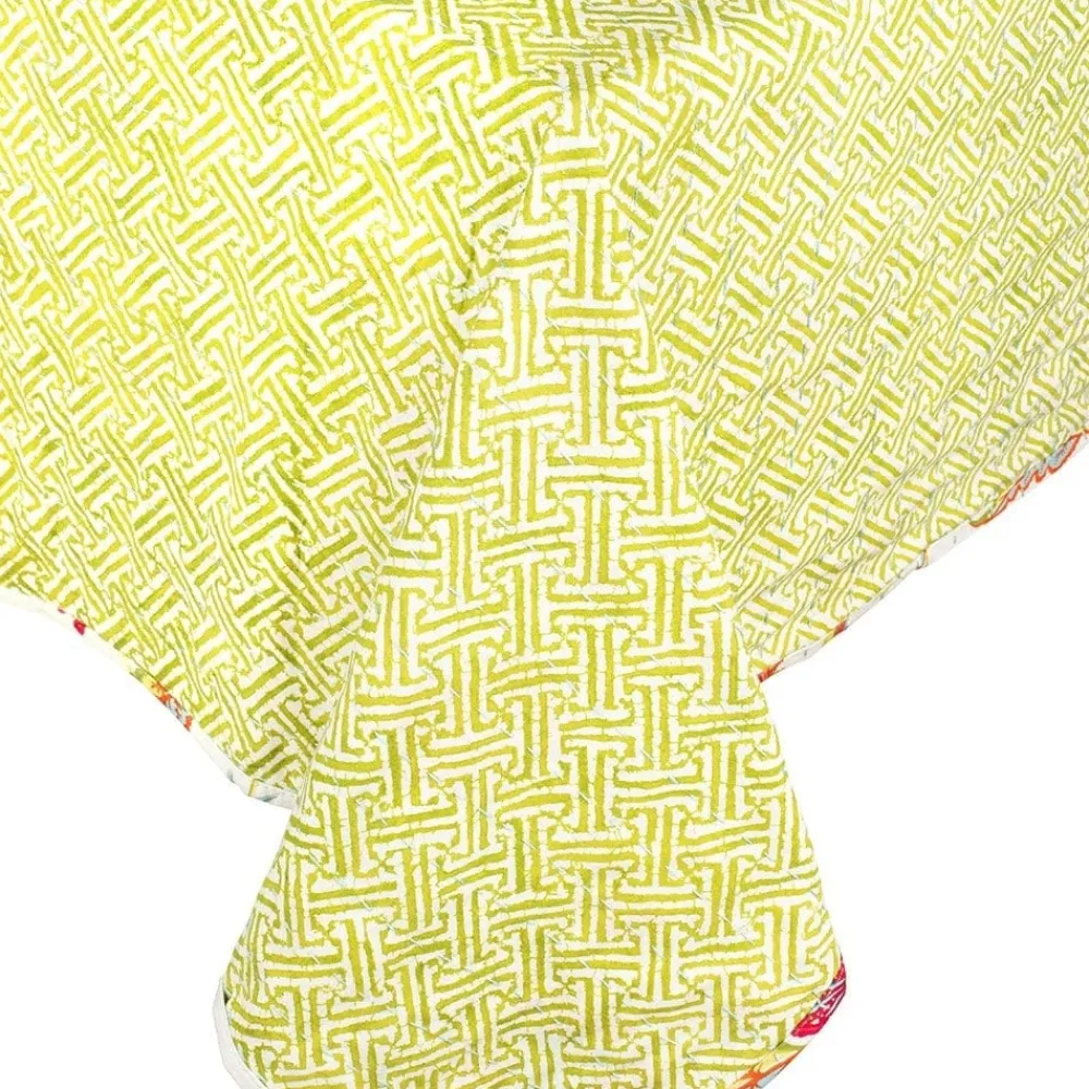 Caspari Passage to India & Green Fretwork Reversible Square Tablecloth- Tablecloths