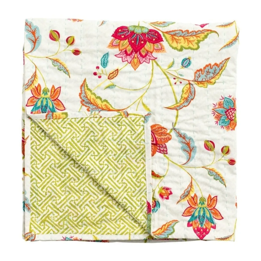 Caspari Passage to India & Green Fretwork Reversible Square Tablecloth- Tablecloths