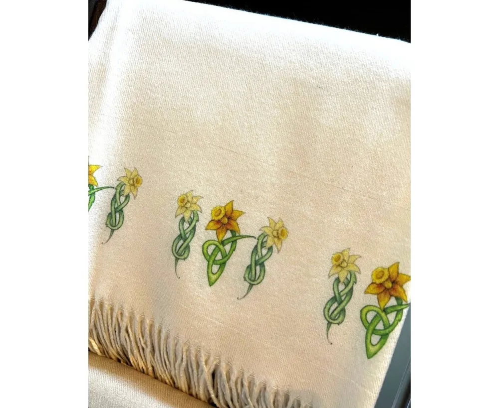 Celtic Daffodils Cream Cashmere Blend Scarf- Scarves & Wraps