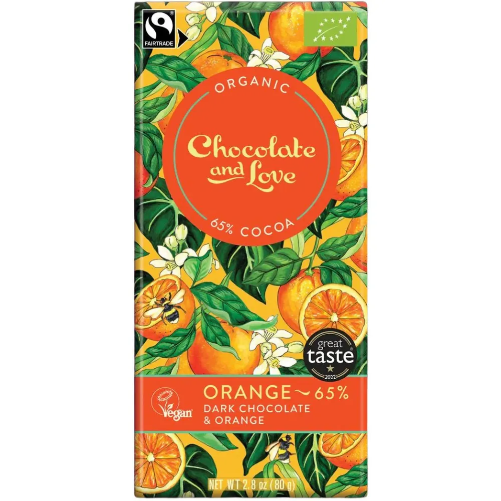 Chocolate & Love Organic 65% Dark Chocolate & Orange Bar 80g- British Chocolate