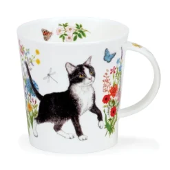 Dunoon Lomond Floral Cats Black & White Mug- Shape: Lomond