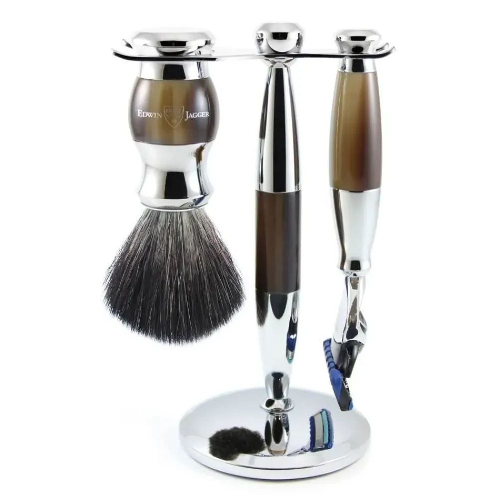 Edwin Jagger Imitation Horn & Chrome Fusion Set- Shaving Sets|Shaving Brushes