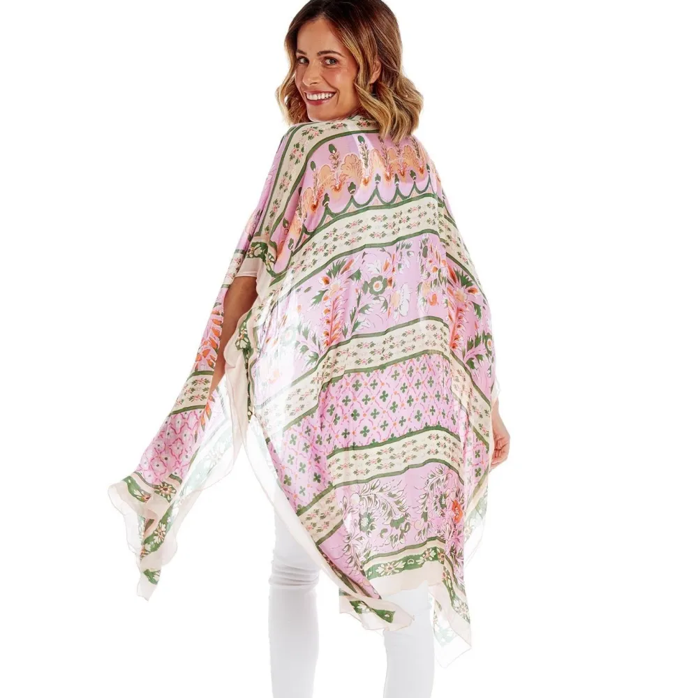 Folk Flowers Pink Long Kimono- Robes, Nightgowns & Dresses