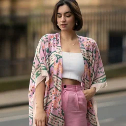 Folk Flowers Pink Long Kimono- Robes, Nightgowns & Dresses