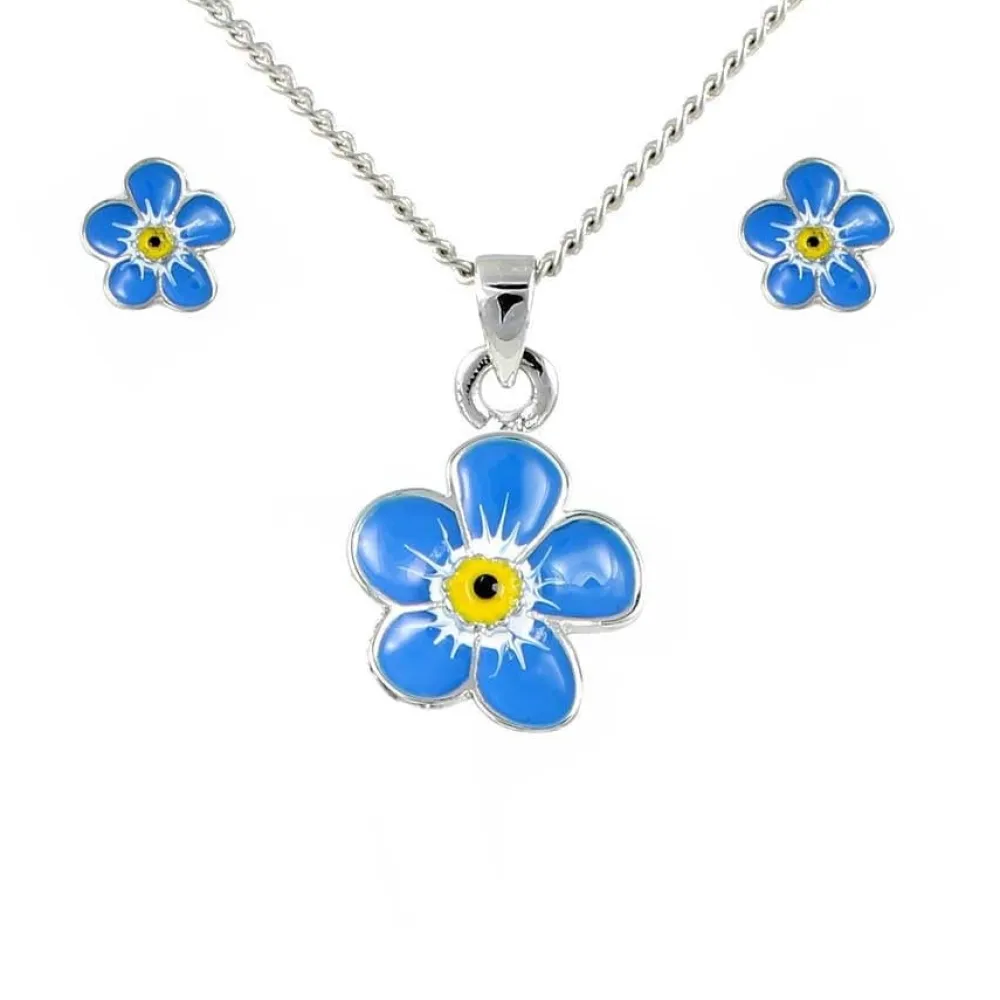 Forget Me Not Enamel Pendant Necklace & Earring Set- Necklaces & Pendants|Earrings