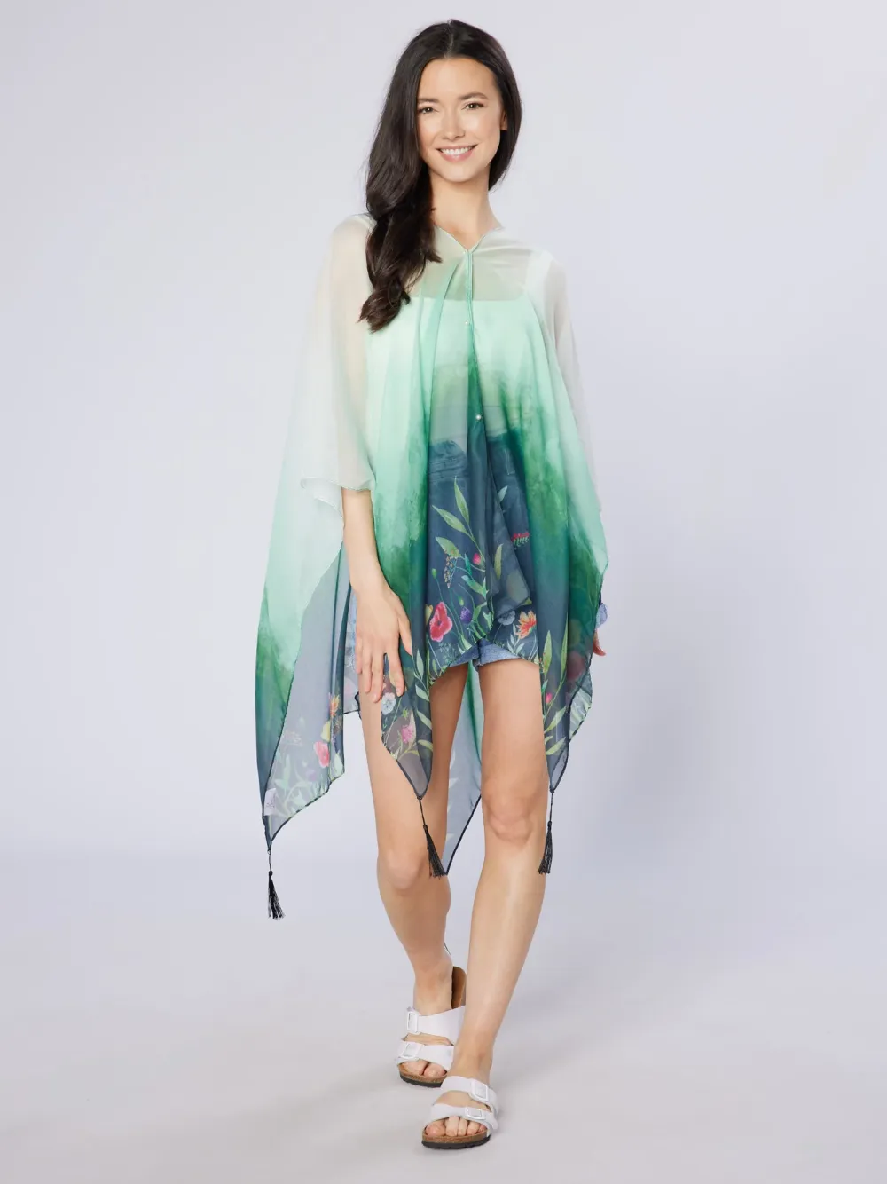 Green Wildflowers Recycled Bottle Poncho- Scarves & Wraps