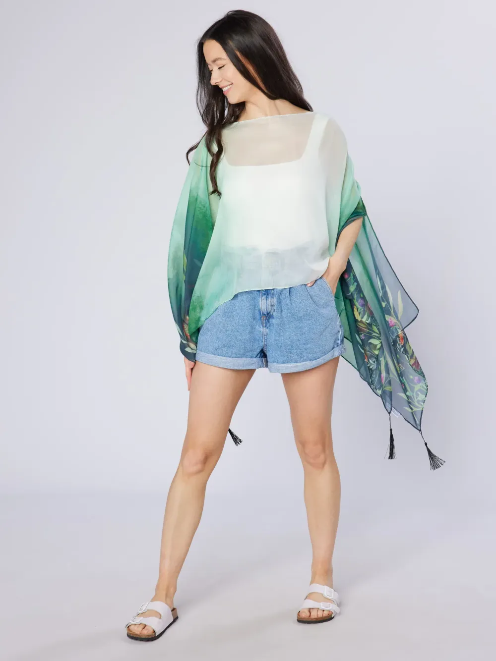 Green Wildflowers Recycled Bottle Poncho- Scarves & Wraps