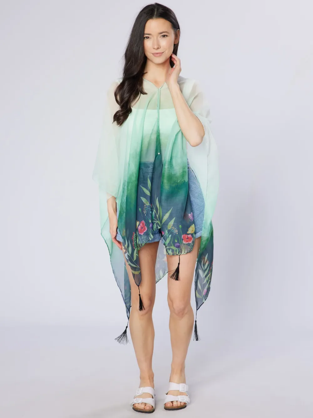 Green Wildflowers Recycled Bottle Poncho- Scarves & Wraps