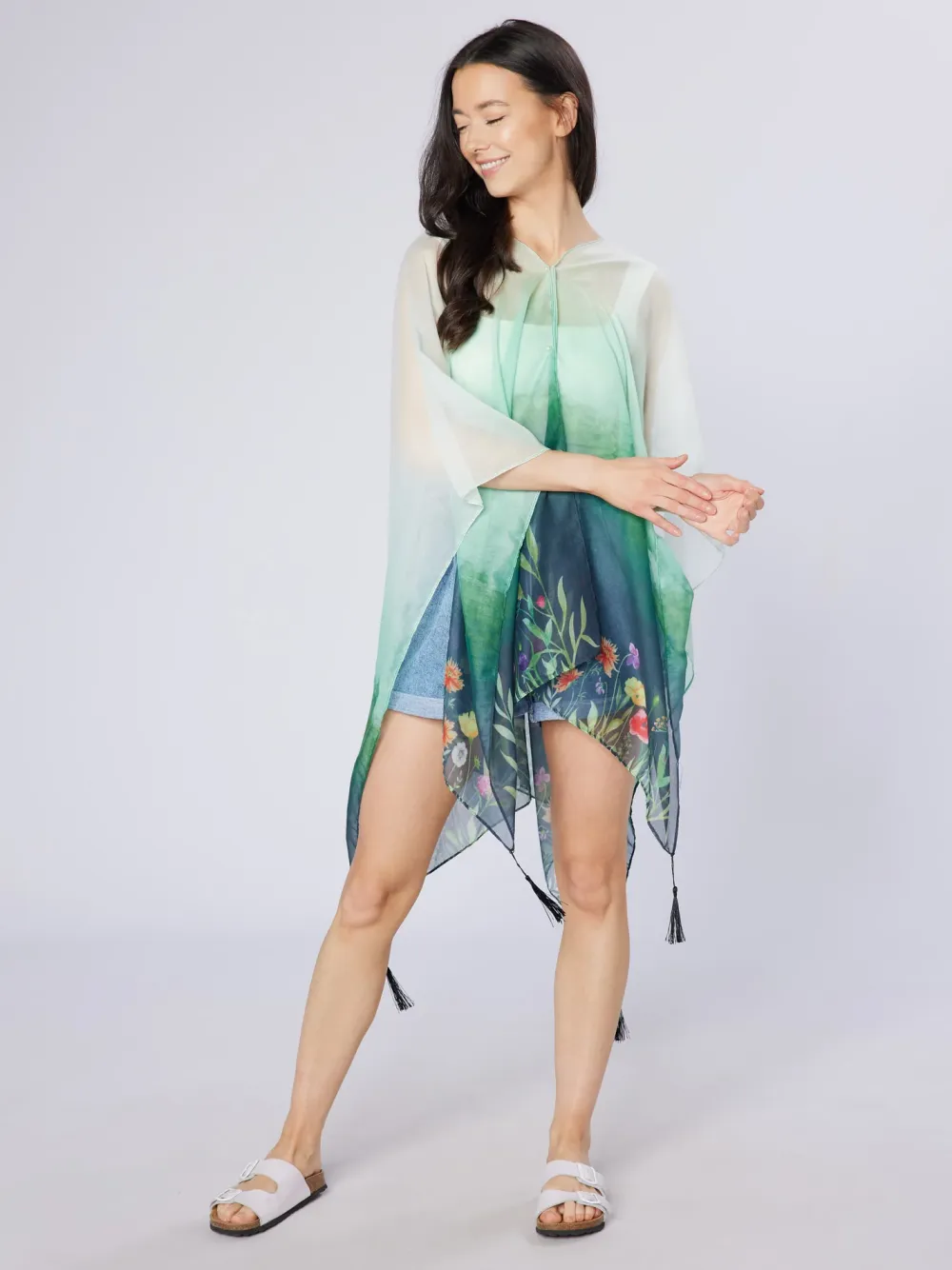 Green Wildflowers Recycled Bottle Poncho- Scarves & Wraps