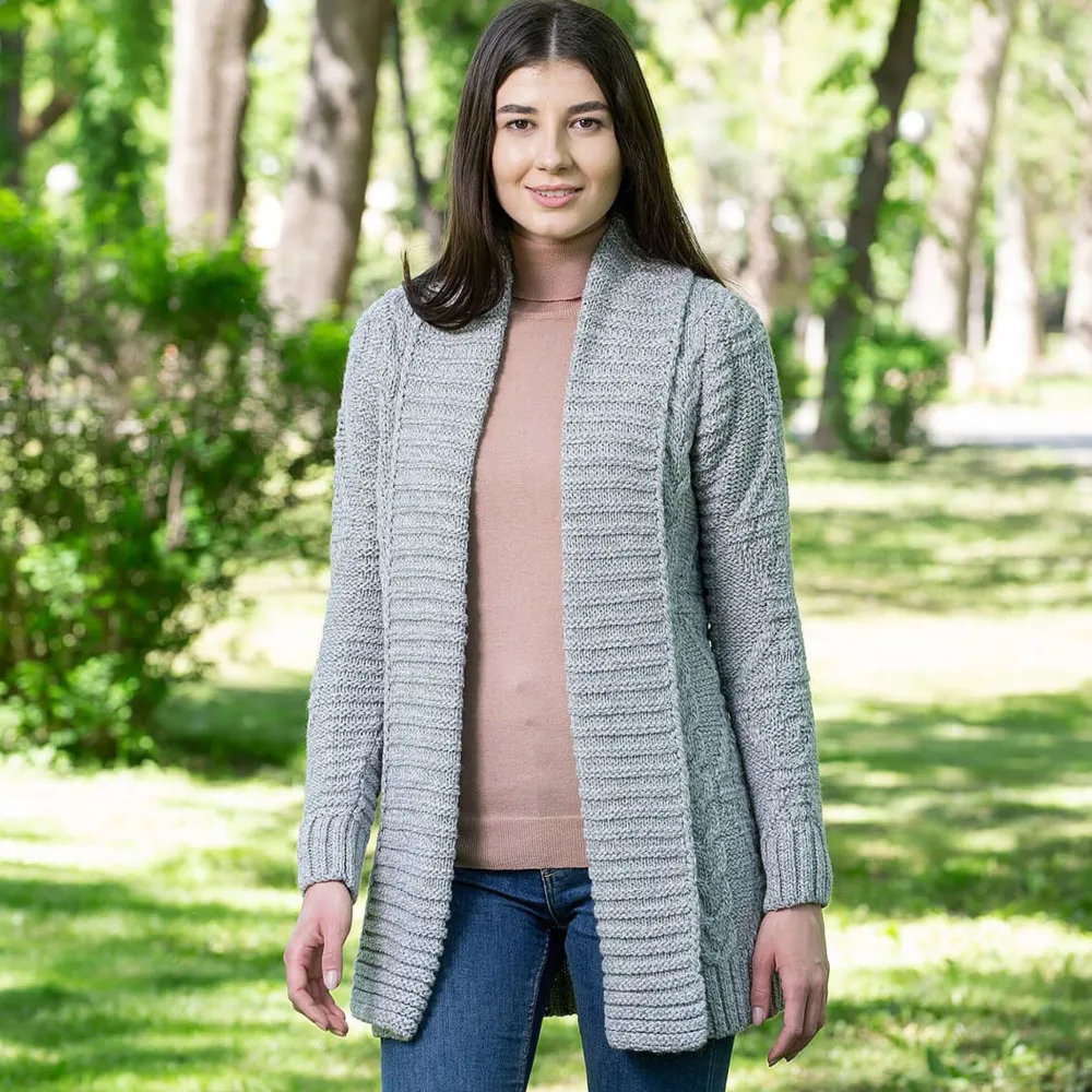 Grey Open Front Cable Knit Cardigan- Shirts & Sweaters