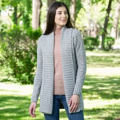 Grey Open Front Cable Knit Cardigan- Shirts & Sweaters