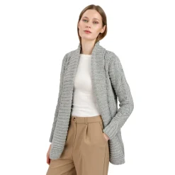 Grey Open Front Cable Knit Cardigan- Shirts & Sweaters