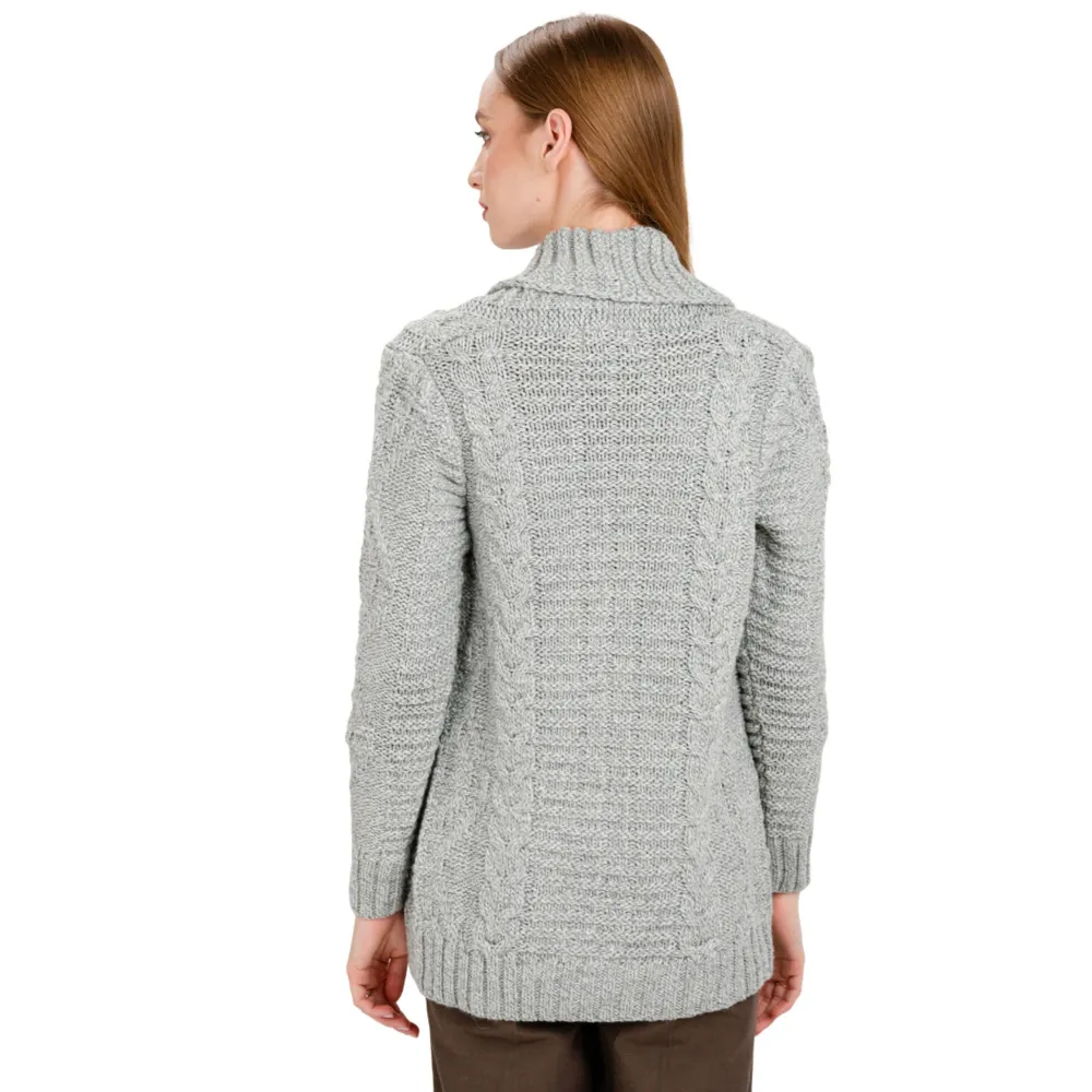 Grey Open Front Cable Knit Cardigan- Shirts & Sweaters