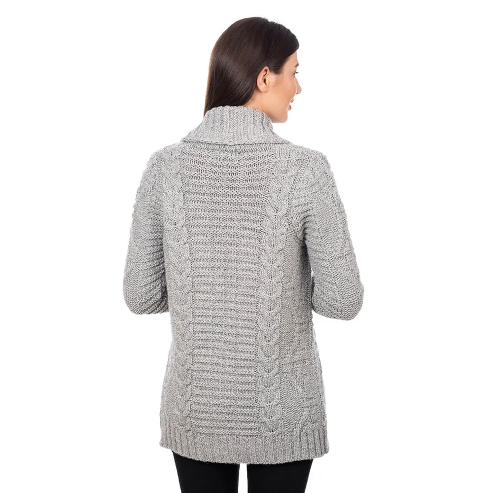 Grey Open Front Cable Knit Cardigan- Shirts & Sweaters