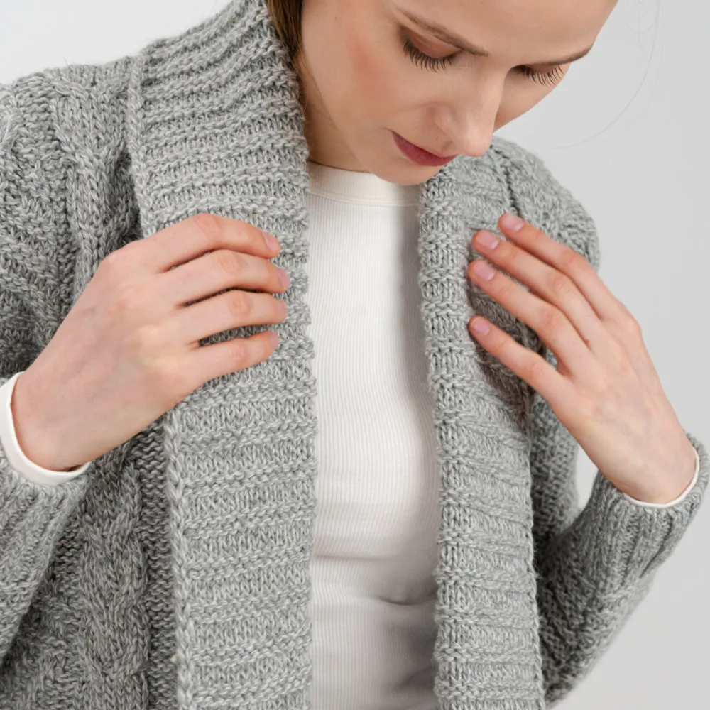 Grey Open Front Cable Knit Cardigan- Shirts & Sweaters