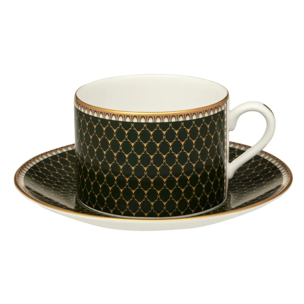 Halcyon Days Antler Trellis Dark Green Teacup & Saucer- Halcyon Days China|Halcyon Days