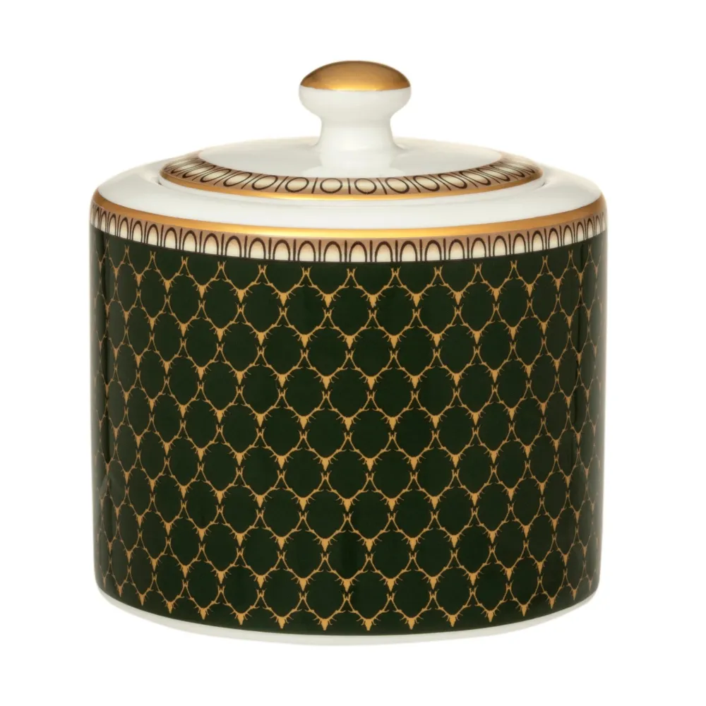 Halcyon Days Antler Trellis Dark Green Sugar Bowl- Halcyon Days China|Halcyon Days