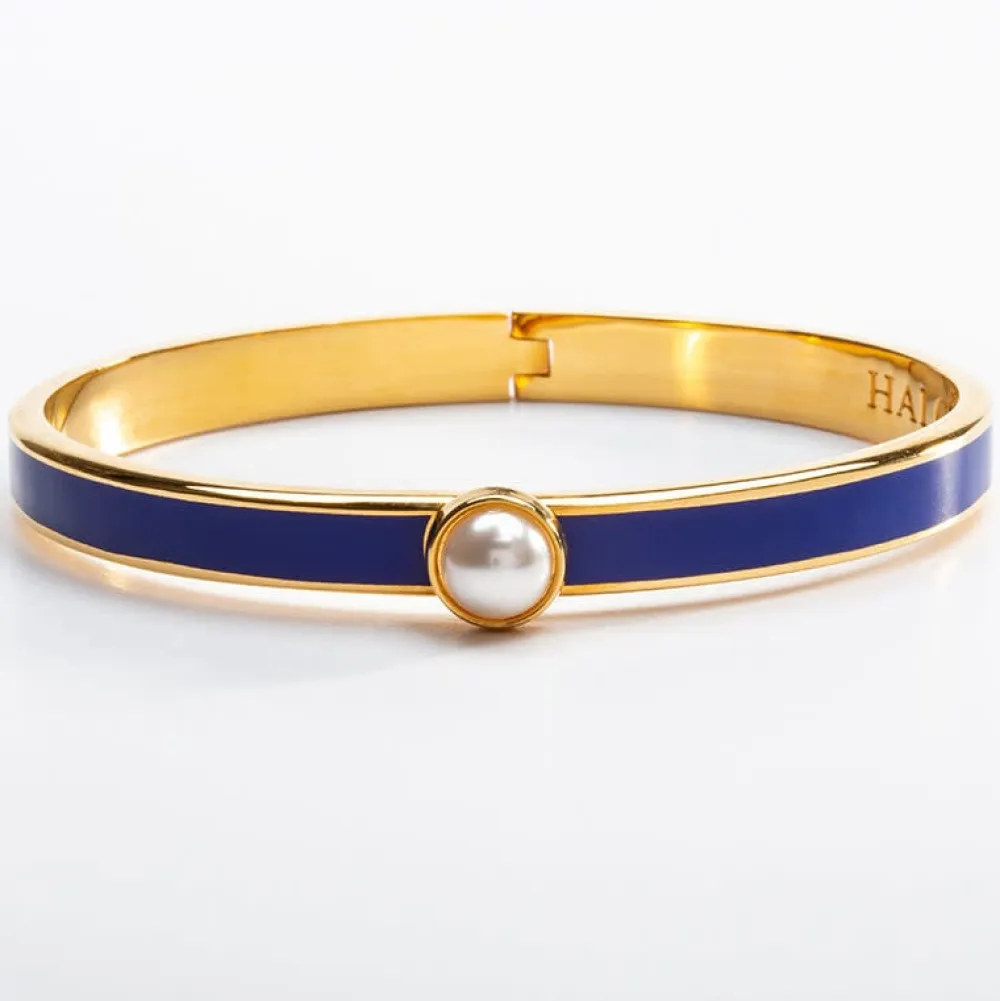 Halcyon Days Cabochon Pearl, Cobalt & Gold Hinged Skinny Bangle- Bracelets & Bangles