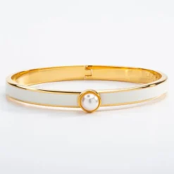 Halcyon Days Cabochon Pearl, Cream & Gold Hinged Skinny Bangle- Bracelets & Bangles