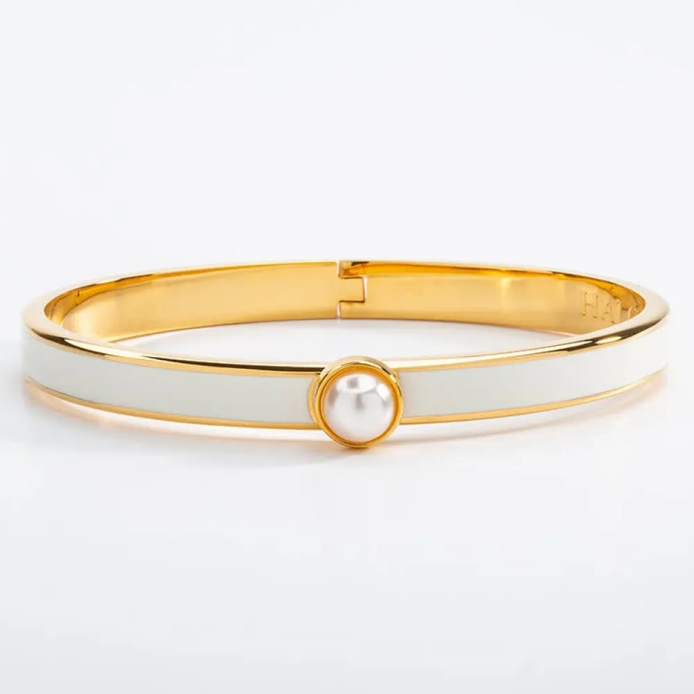 Halcyon Days Cabochon Pearl, Cream & Gold Hinged Skinny Bangle- Bracelets & Bangles